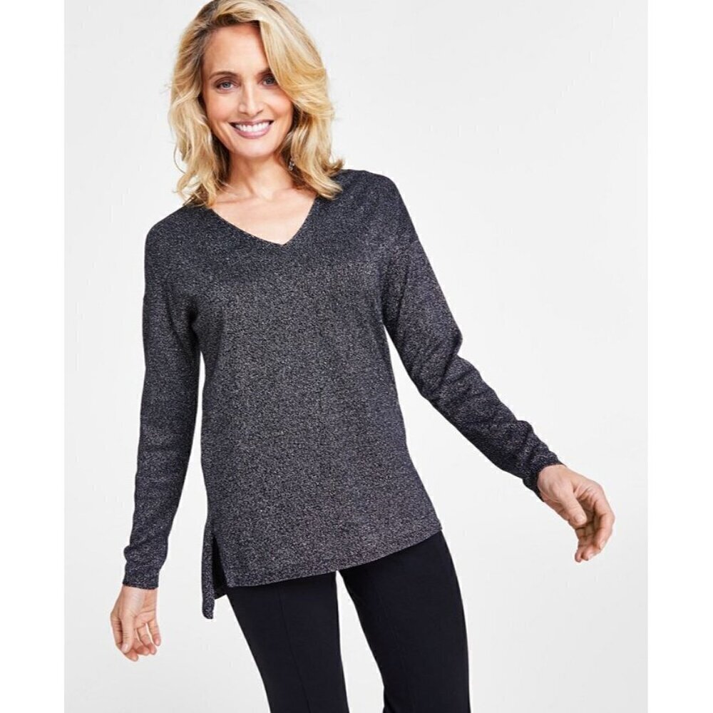 INC International Concepts Black & Silver Shimmer Shine V Neck Knit Long Sleeve